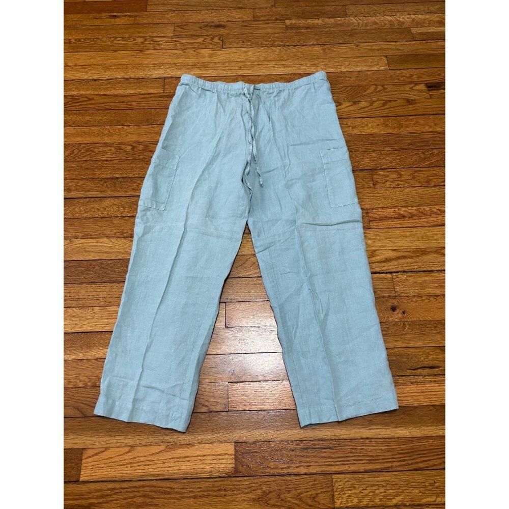 Marc Ware Womens 100% Linen Cropped Pants Sz Medium Turquoise Drawstring Vintage